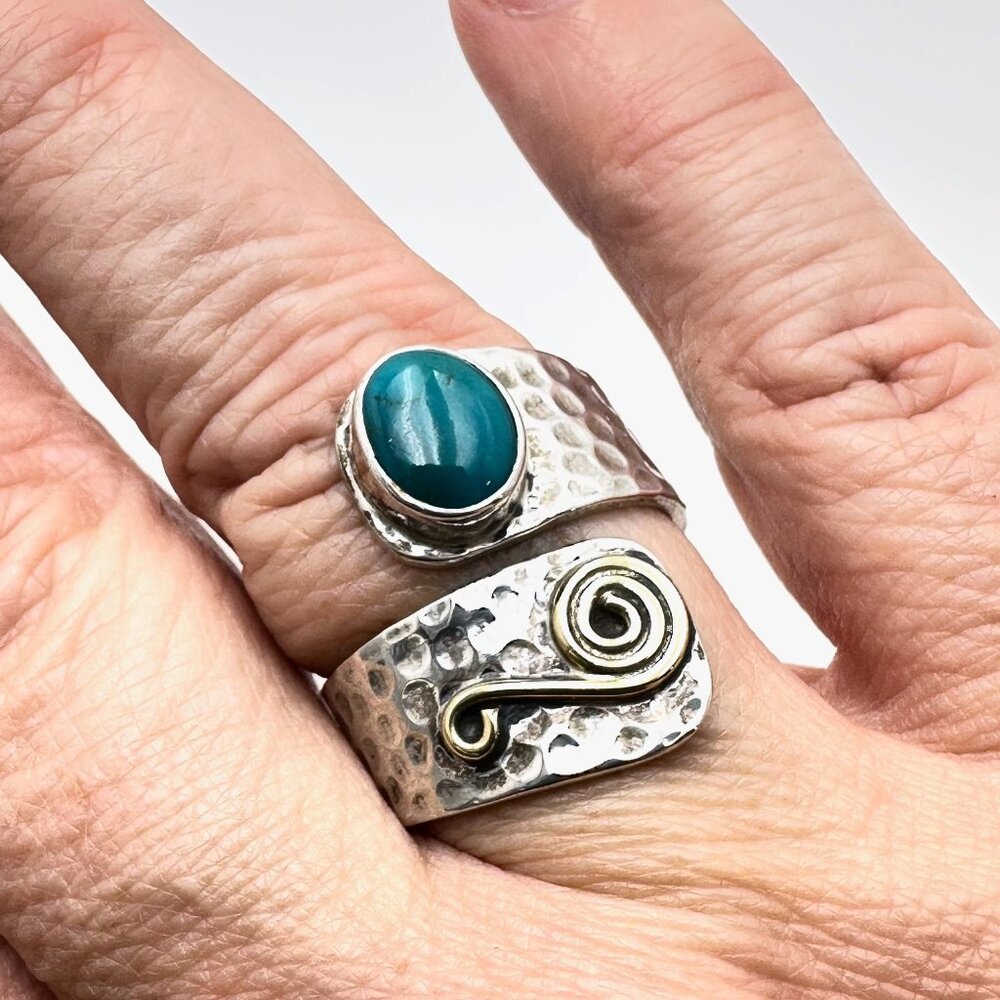 Blue Gemstone Sterling Silver By Pass Ring Adjustable Size Set at Size 9
